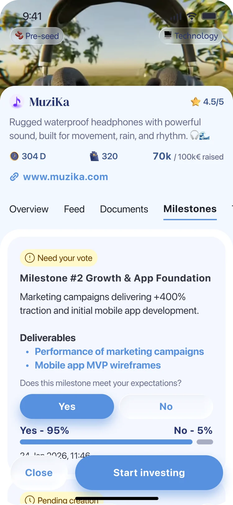 HugeOne milestone review screen